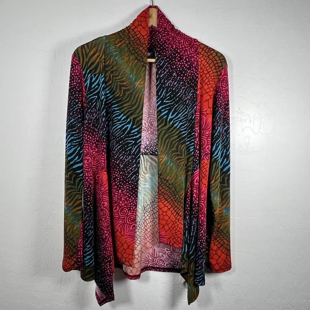 Vintage Jostar Womens Size large Rainbow Slinky Knit Boho Cardigan Artsy Graphic